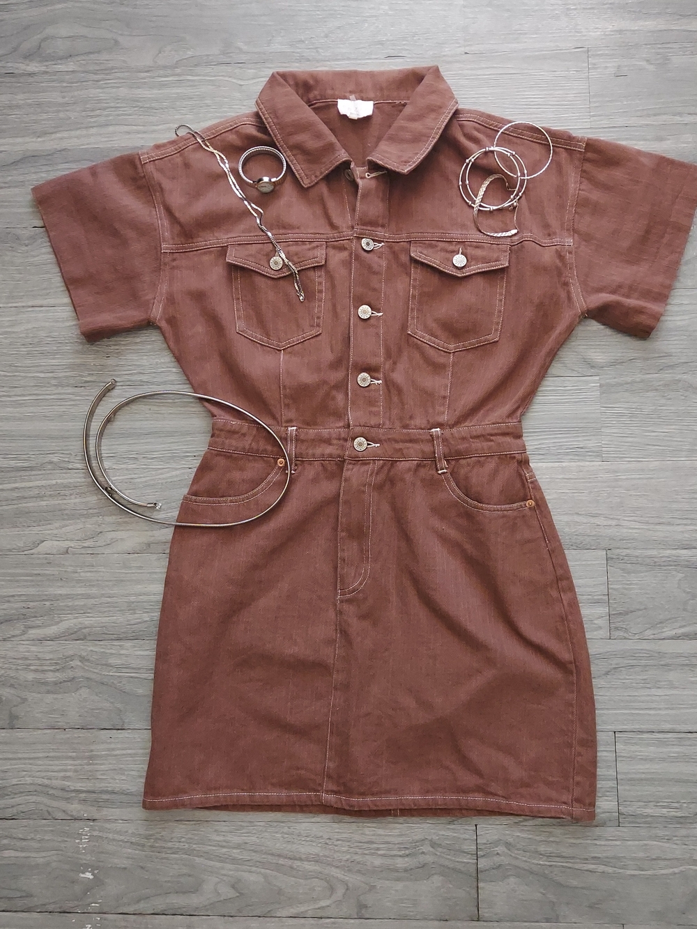 entro Brown Short Sleeve Denim Shirt Dress